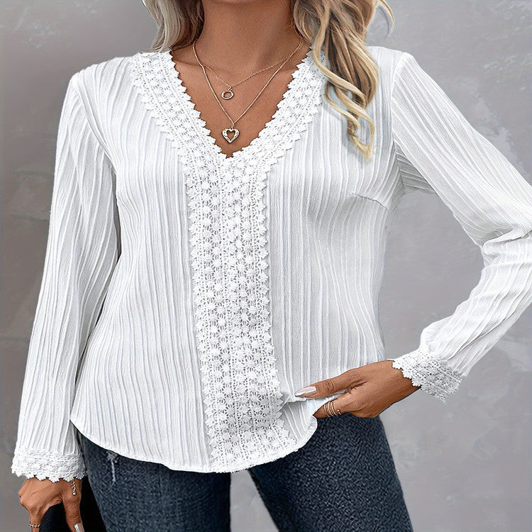 V-neck Elegant Lace Stitching Long-sleeved Shirt
