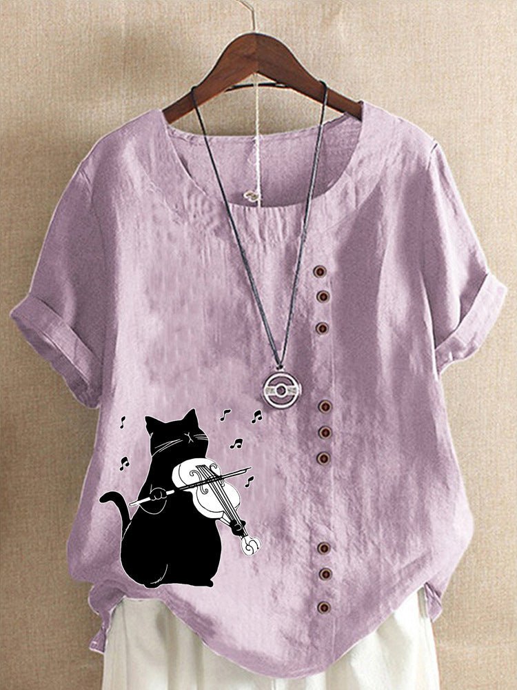 Summer Cotton And Linen Short Sleeve Top Cartoon Printed T-shirt
