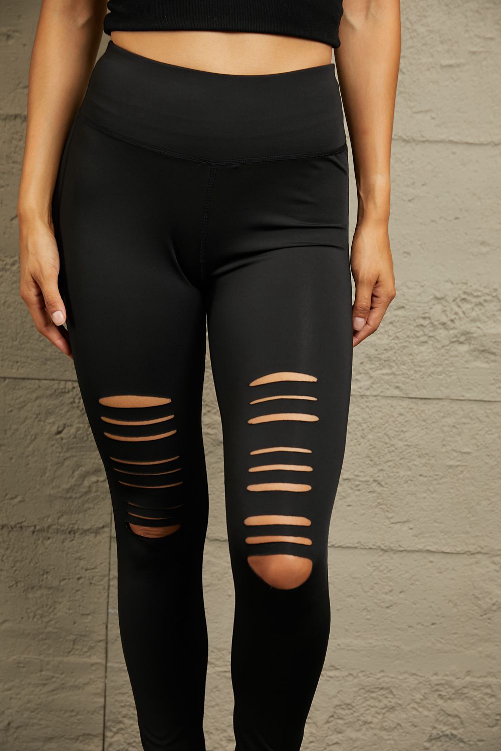 Wide Waistband Distressed Slim Fit Leggings
