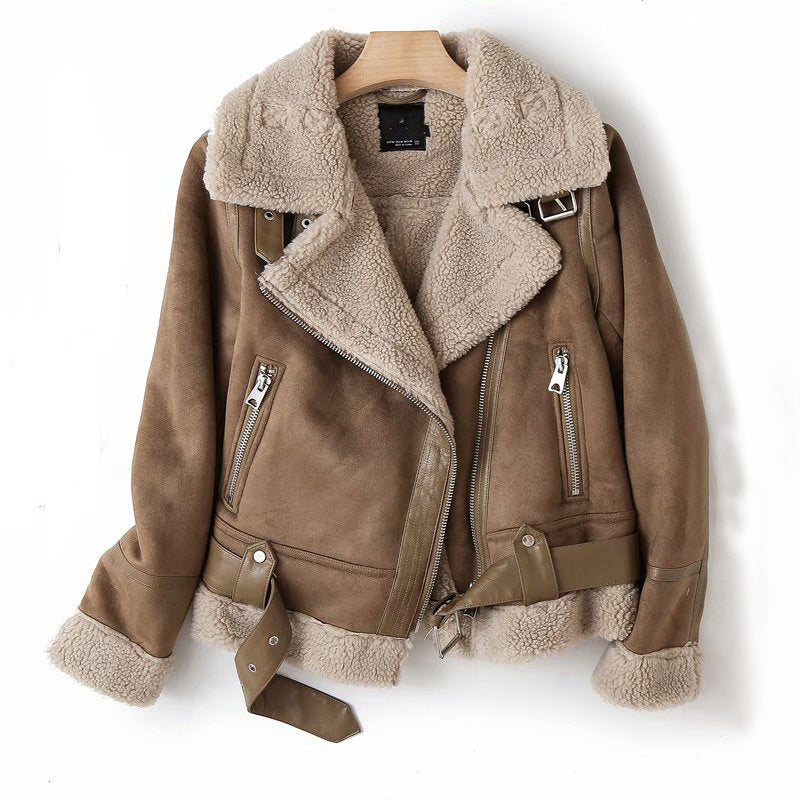 WInter Lapel Jacket Suede Lamb Wool Warm Coat Motorcycle Clothing Women Outwears
