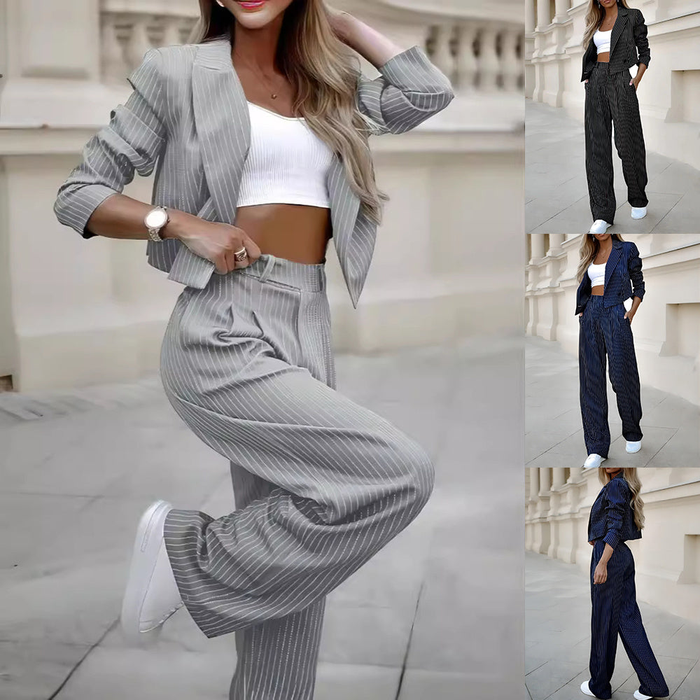 Fashion Striped Suits Casual Lapel Long Sleeve Cropped Top And Straight Pants Outfits Women's Clothing
