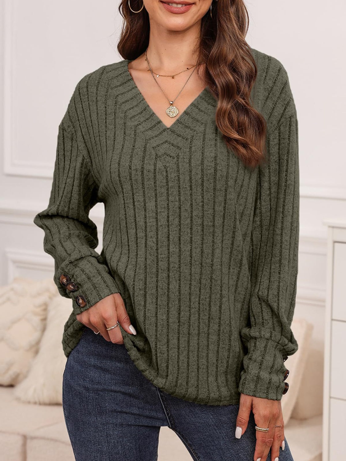 Ribbed V-Neck Long Sleeve T-Shirt
