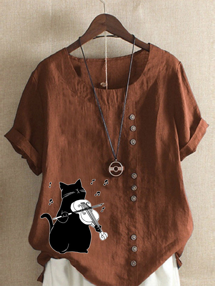 Summer Cotton And Linen Short Sleeve Top Cartoon Printed T-shirt
