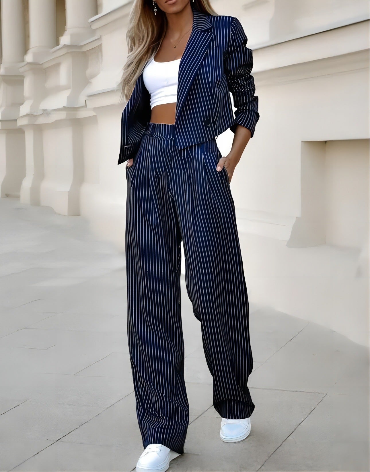 Fashion Striped Suits Casual Lapel Long Sleeve Cropped Top And Straight Pants Outfits Women's Clothing
