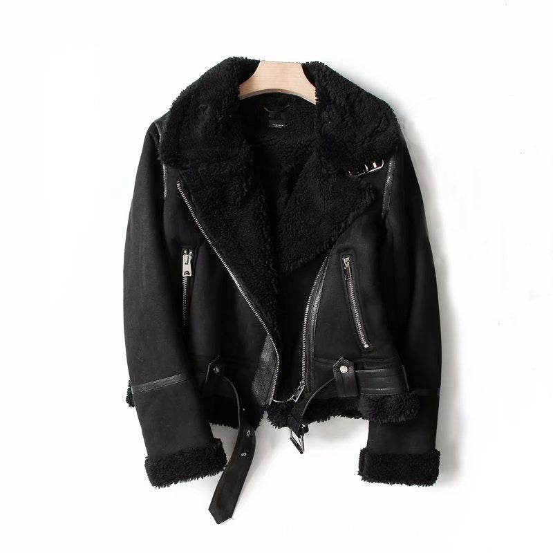 WInter Lapel Jacket Suede Lamb Wool Warm Coat Motorcycle Clothing Women Outwears
