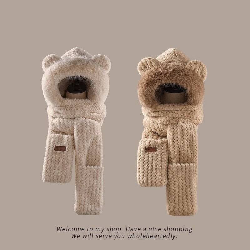 Bear Ears Plush Hat And Scarf For Women
