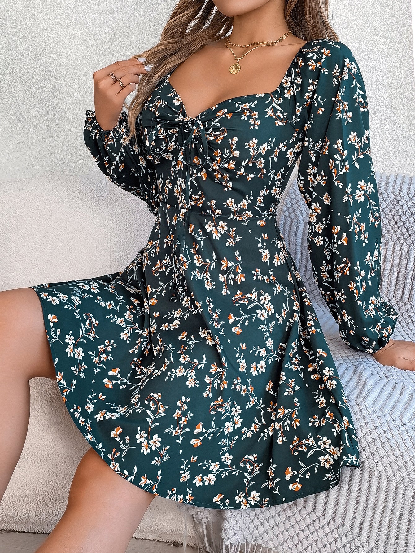 Fashion Floral Print Lantern Sleeve Dress Casual Sexy Tie Square Neck Long Sleeve A-Line Dress Women's Clothing
