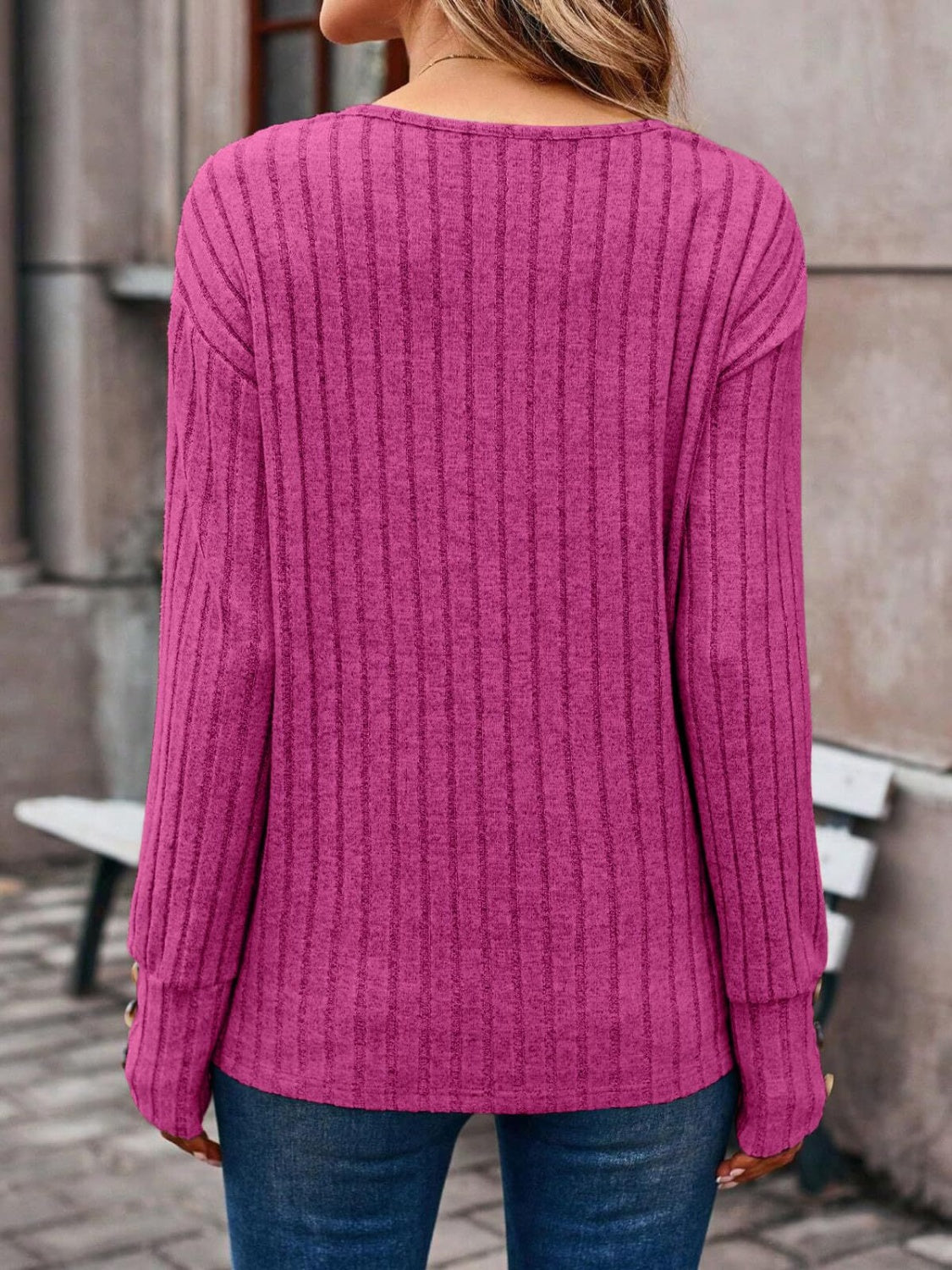 Ribbed V-Neck Long Sleeve T-Shirt
