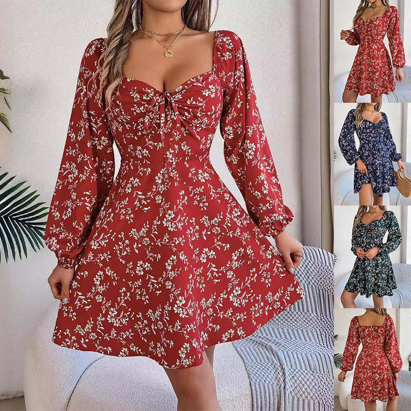 Fashion Floral Print Lantern Sleeve Dress Casual Sexy Tie Square Neck Long Sleeve A-Line Dress Women's Clothing
