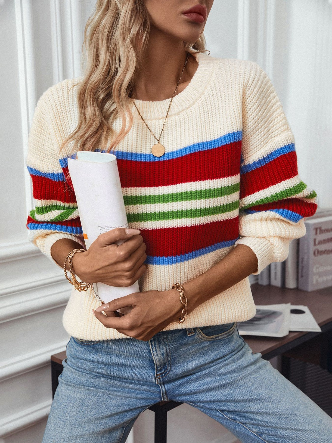 Contrast Stripes Round Neck Long Sleeve Sweater
