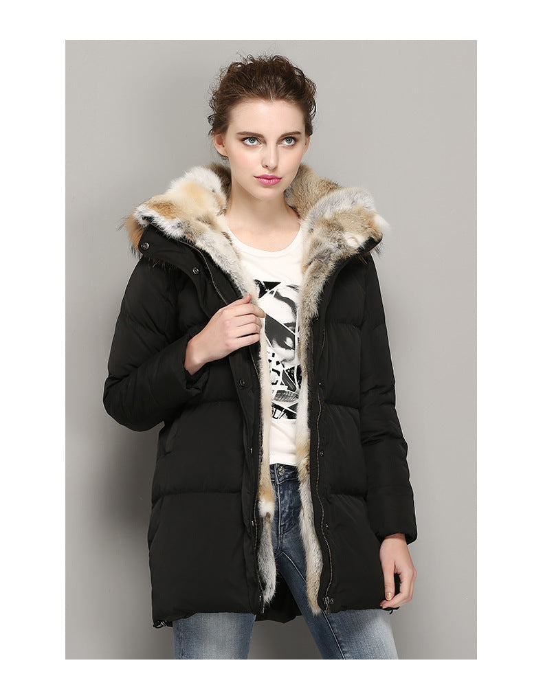 High-end Rabbit Fur Eiderdown Outerwear Mid-length Padded Coat Women
