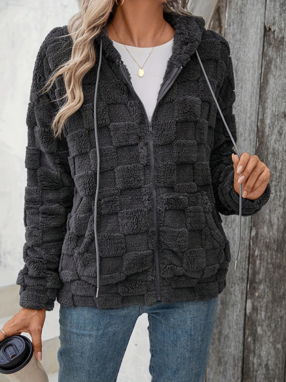 Checkered Texture Zip Up Drawstring Fuzzy Jacket
