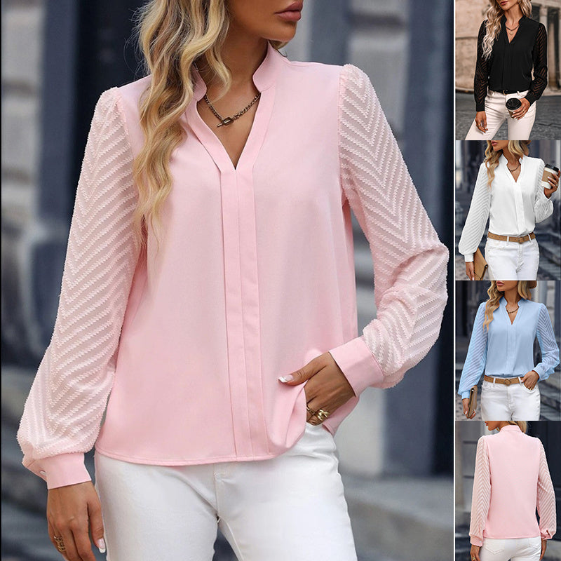 V-neck Long-sleeved Chiffon Shirt Lace Stitching Solid Color Tops Women Clothing
