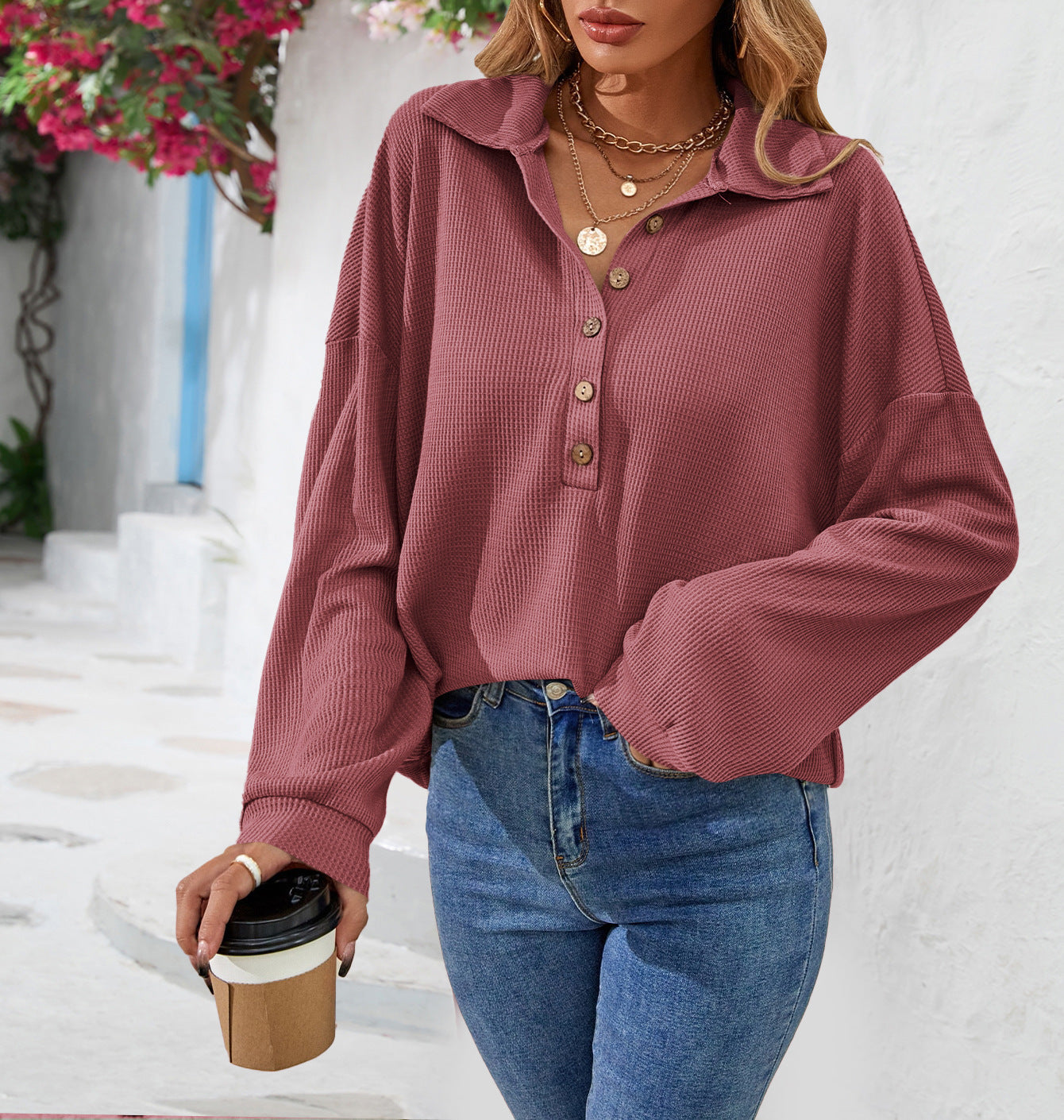 Fashion Lapel Button Sweatshirt Casual Loose Solid Color Long Sleeve Pullover T-shirt Top Womens Clothing
