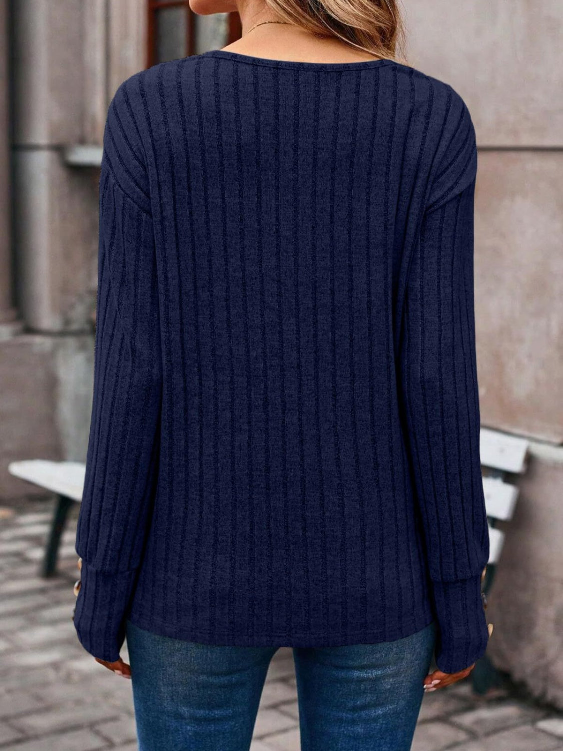 Ribbed V-Neck Long Sleeve T-Shirt
