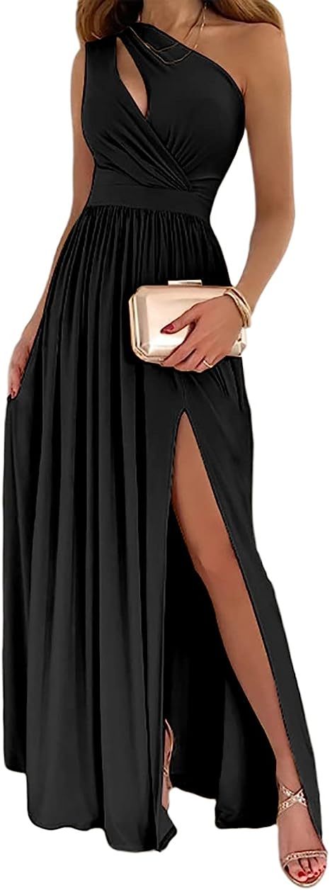 Women's One Shoulder High Split Cutout Sleeveless Elegant Sexy Cocktail Maxi Dress
