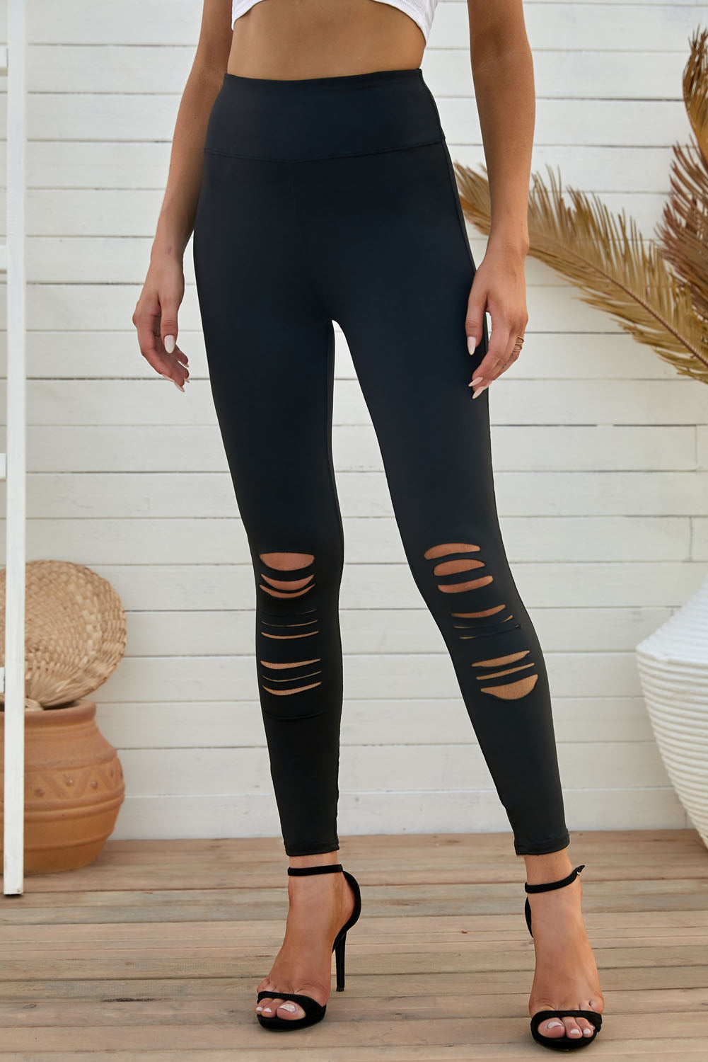 Wide Waistband Distressed Slim Fit Leggings
