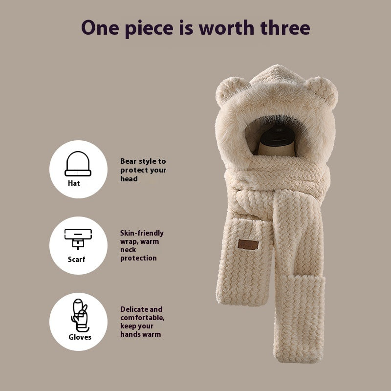 Bear Ears Plush Hat And Scarf For Women
