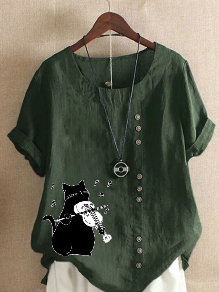 Summer Cotton And Linen Short Sleeve Top Cartoon Printed T-shirt
