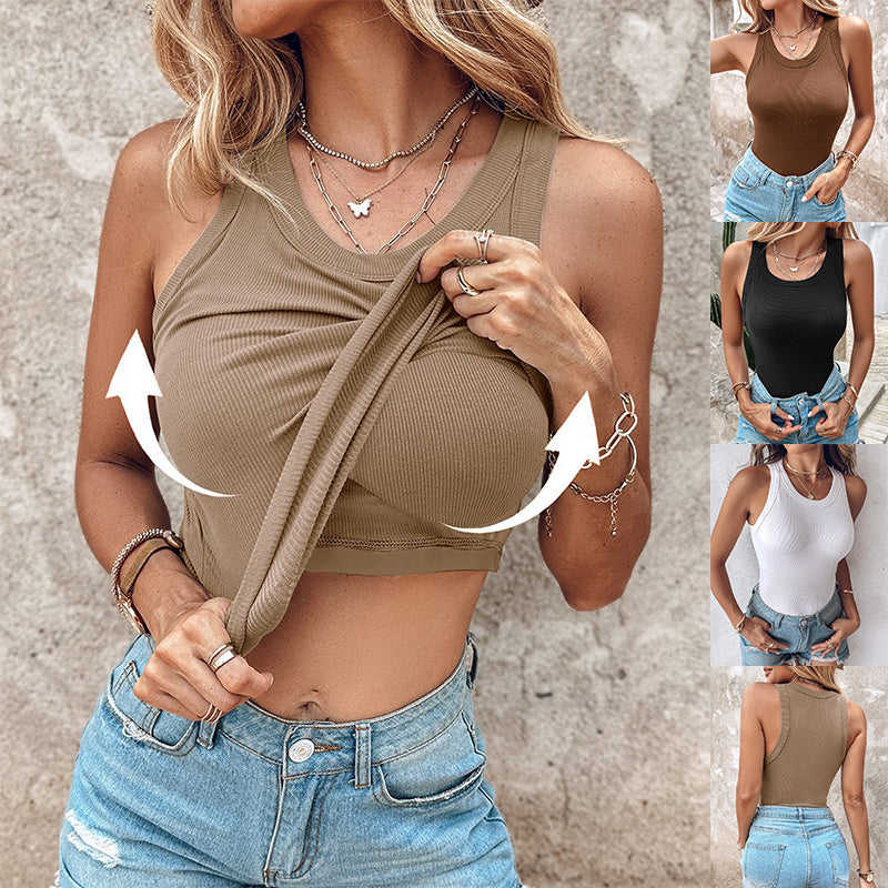 Round Neck Vest With Bra Summer Solid Color Bottom Sleeveless Top Womens Clothing
