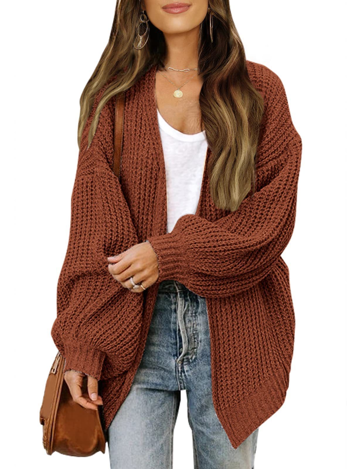 Fashion Lantern-sleeved Sweater With Pockets Casual Loose Solid Knit Cardigan Autumn Tops Womens Clothing
