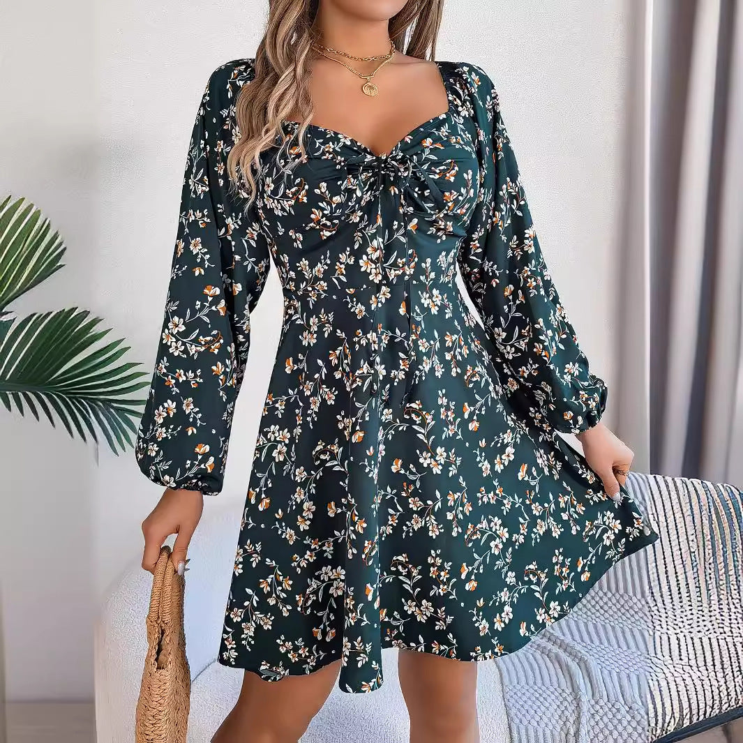 Fashion Floral Print Lantern Sleeve Dress Casual Sexy Tie Square Neck Long Sleeve A-Line Dress Women's Clothing
