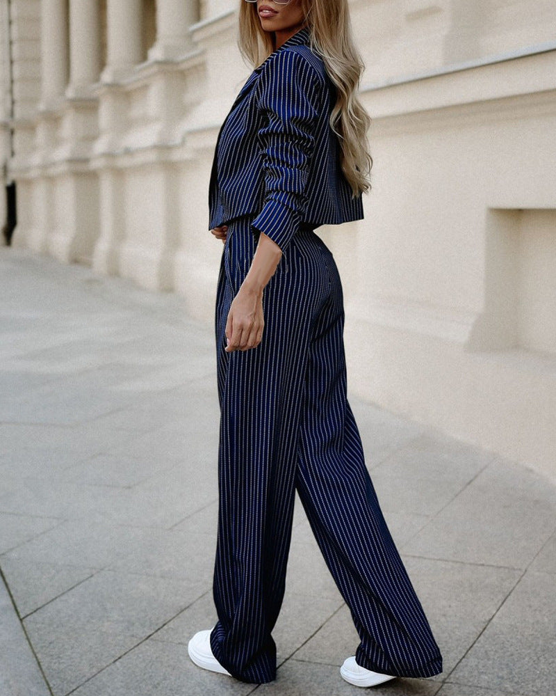 Fashion Striped Suits Casual Lapel Long Sleeve Cropped Top And Straight Pants Outfits Women's Clothing
