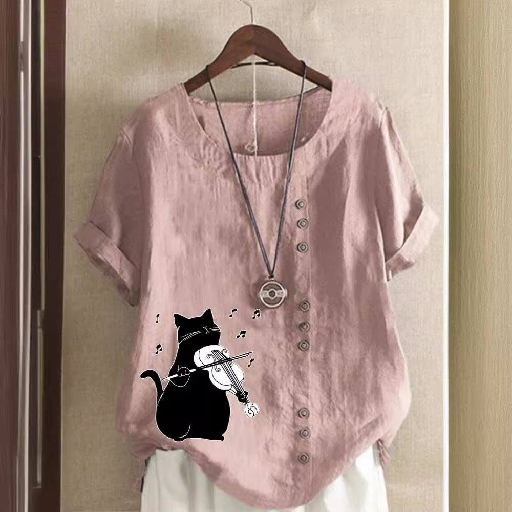 Summer Cotton And Linen Short Sleeve Top Cartoon Printed T-shirt
