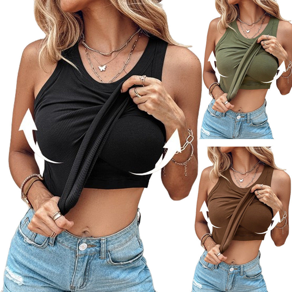 Round Neck Vest With Bra Summer Solid Color Bottom Sleeveless Top Womens Clothing
