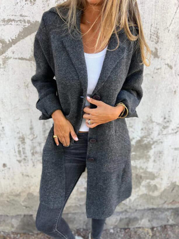 Lapel Single Breasted Cardigan With Pockets Fashion Color Solid Mid-Length Outwear Coat Womens Clothing
