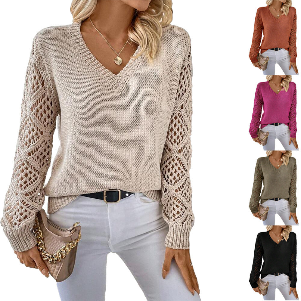 Solid V-neck Pullover Sweater With Hollow Long Sleeve Fashion Tops For Women Clothing
