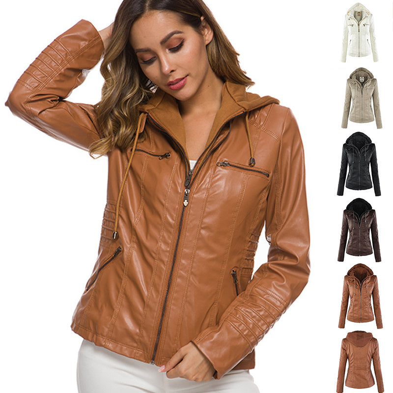 Fashion Detachable Hooded Jacket With Pockets Casual Solid Color Zipper Long Sleeve Leather Coat Autumn Winter Women's Clothing
