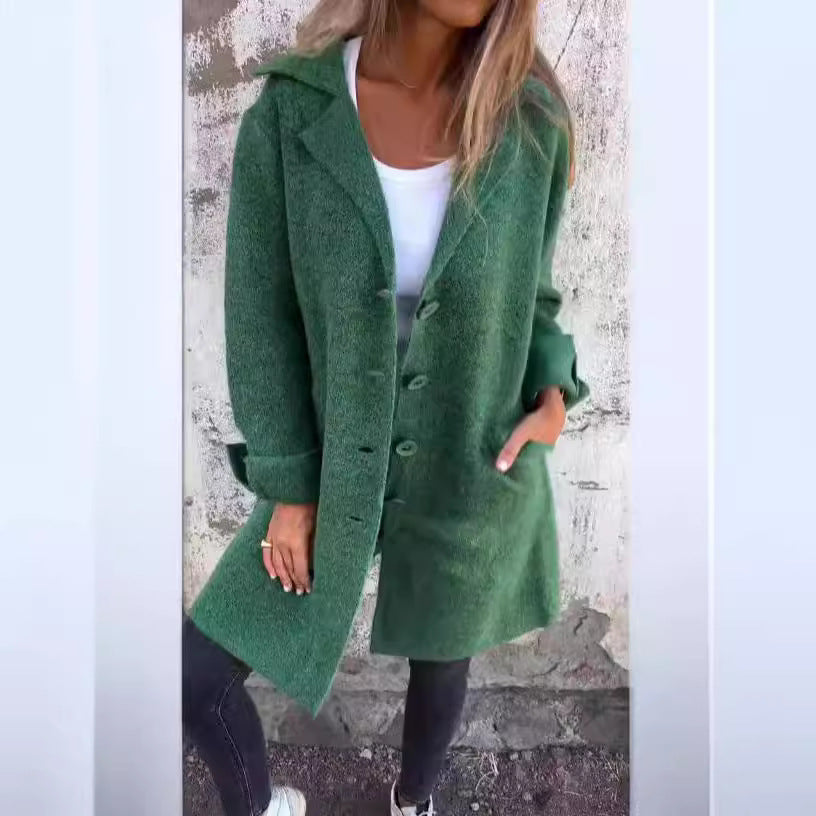 Lapel Single Breasted Cardigan With Pockets Fashion Color Solid Mid-Length Outwear Coat Womens Clothing
