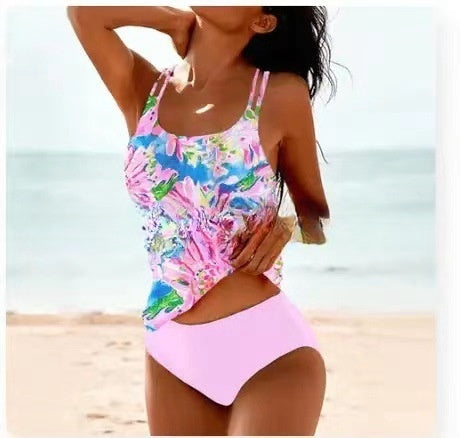 Retro Split High Waist Bikini Beach Print Strap Swimsuit
