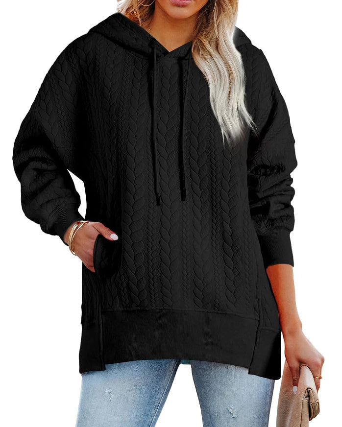 Twist Texture Solid Color Casual Hoodie Sweater Top
