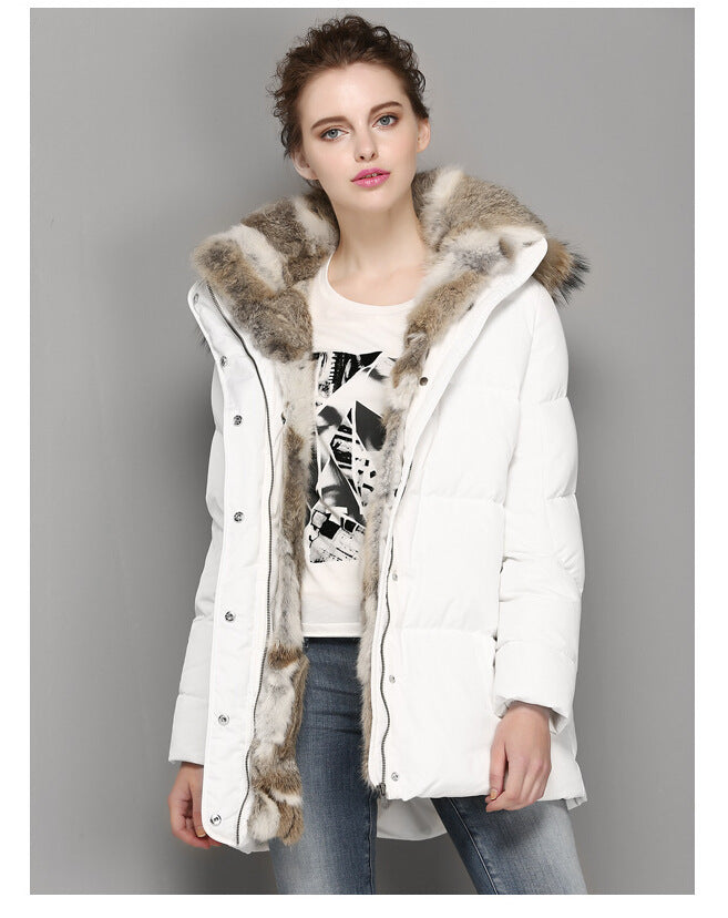 High-end Rabbit Fur Eiderdown Outerwear Mid-length Padded Coat Women
