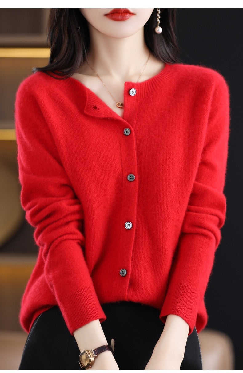 Fashion Merino Wool Cardigan Sweater Women O-Neck Long-sleeve Cashmere Knitwear Spring Autumn Female Clothing Tops
