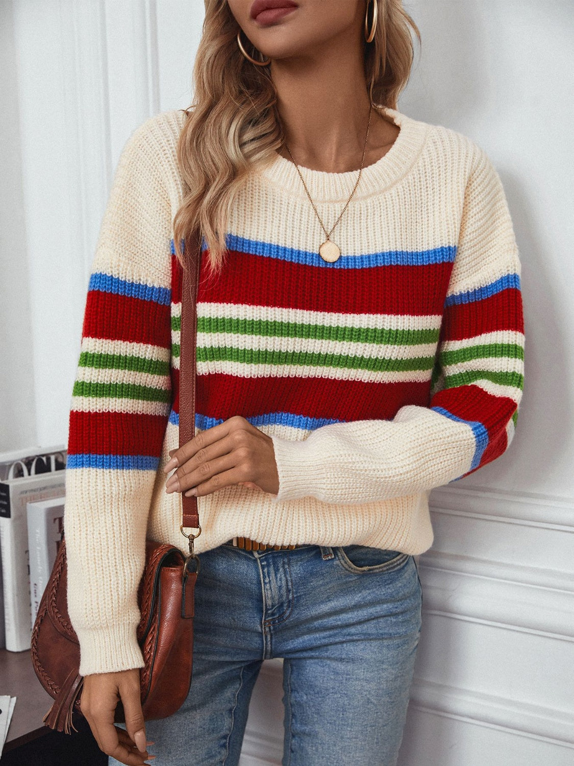 Contrast Stripes Round Neck Long Sleeve Sweater
