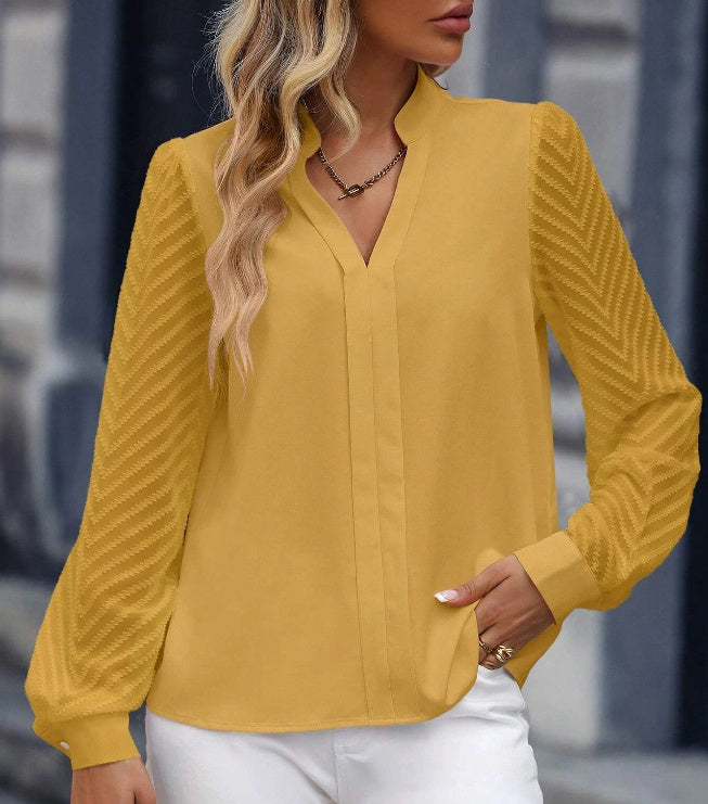 V-neck Long-sleeved Chiffon Shirt Lace Stitching Solid Color Tops Women Clothing
