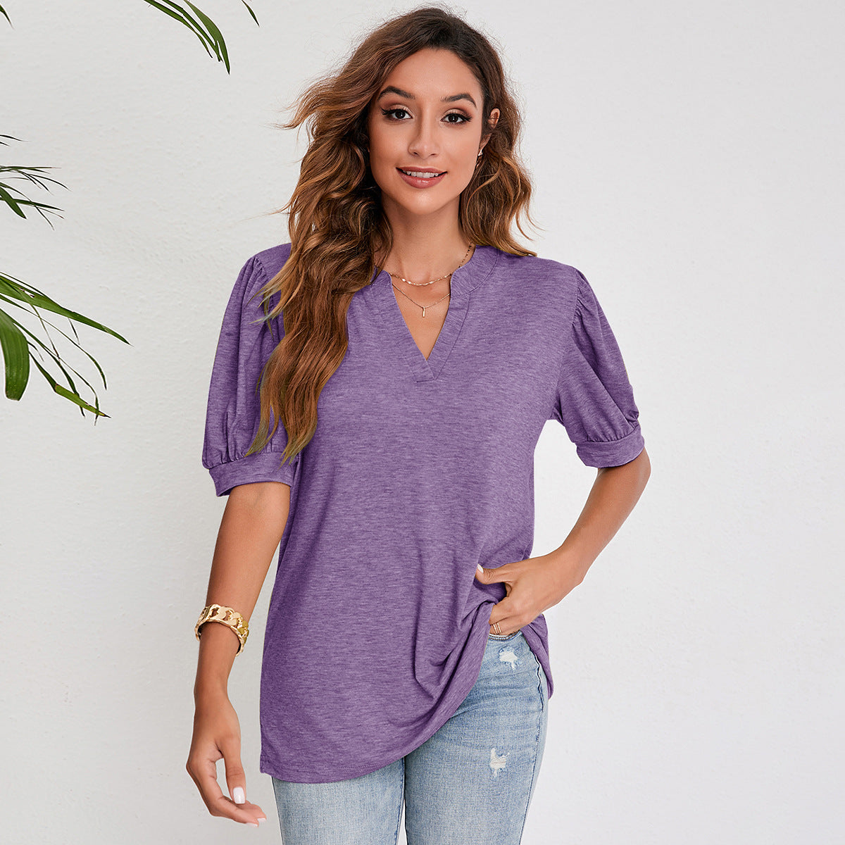 Women's Pleated Puff Sleeve Tops Summer V Neck T Shirts Casual Loose Blouses
