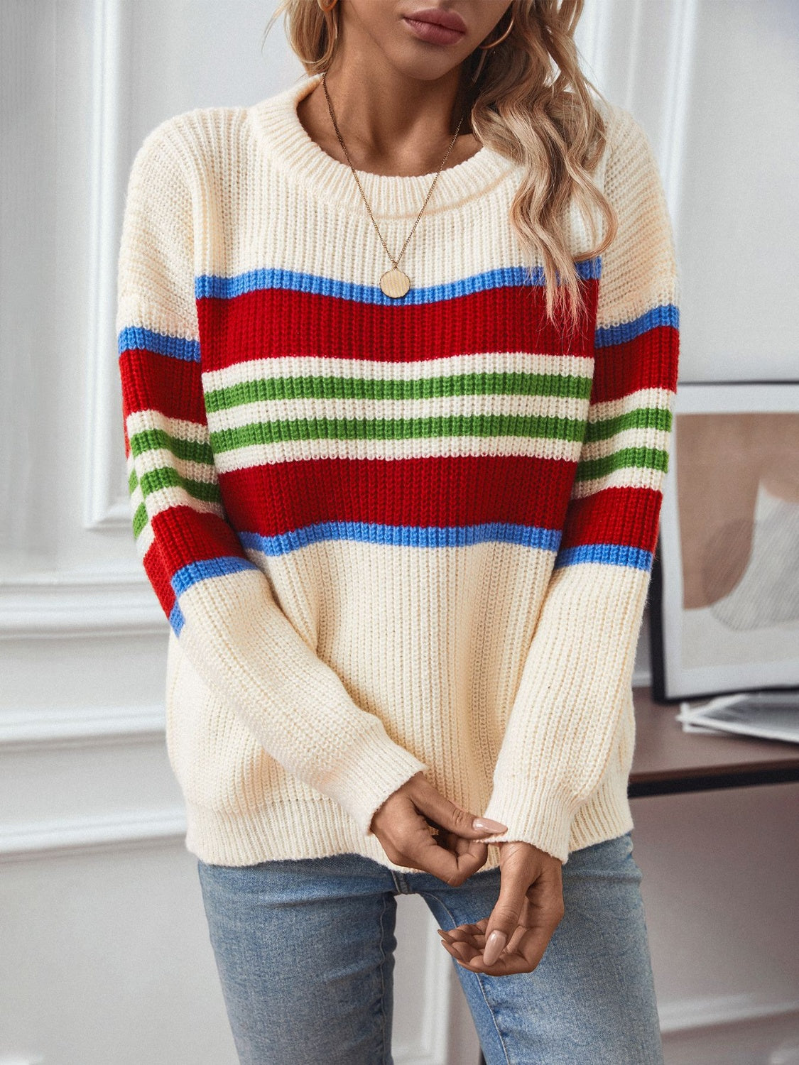 Contrast Stripes Round Neck Long Sleeve Sweater
