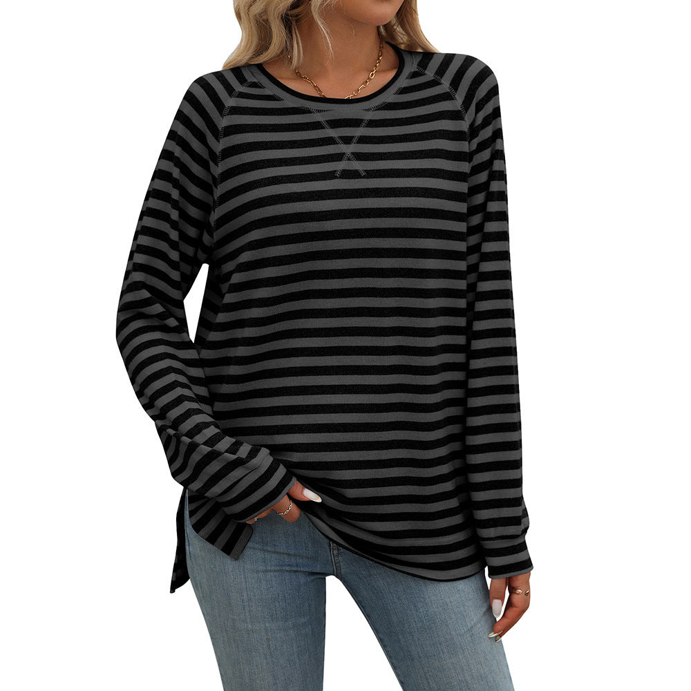 Striped Contrast Color Round Neck Long Sleeve Loose-fitting T-shirt Top
