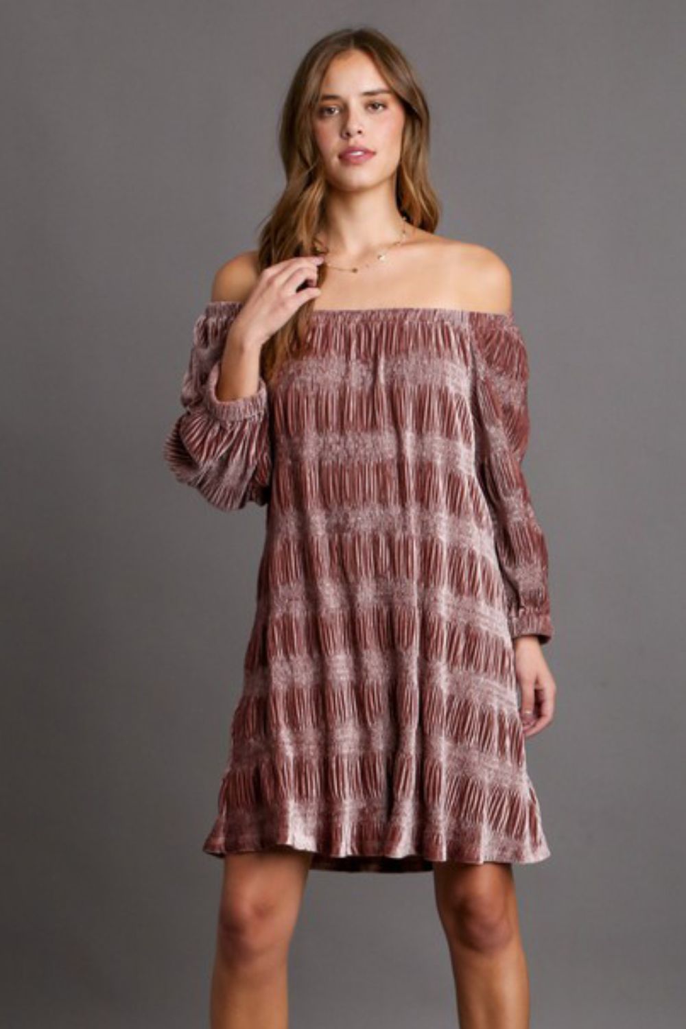 Umgee Off-Shoulder Balloon Sleeve Velvet Mini Dress
