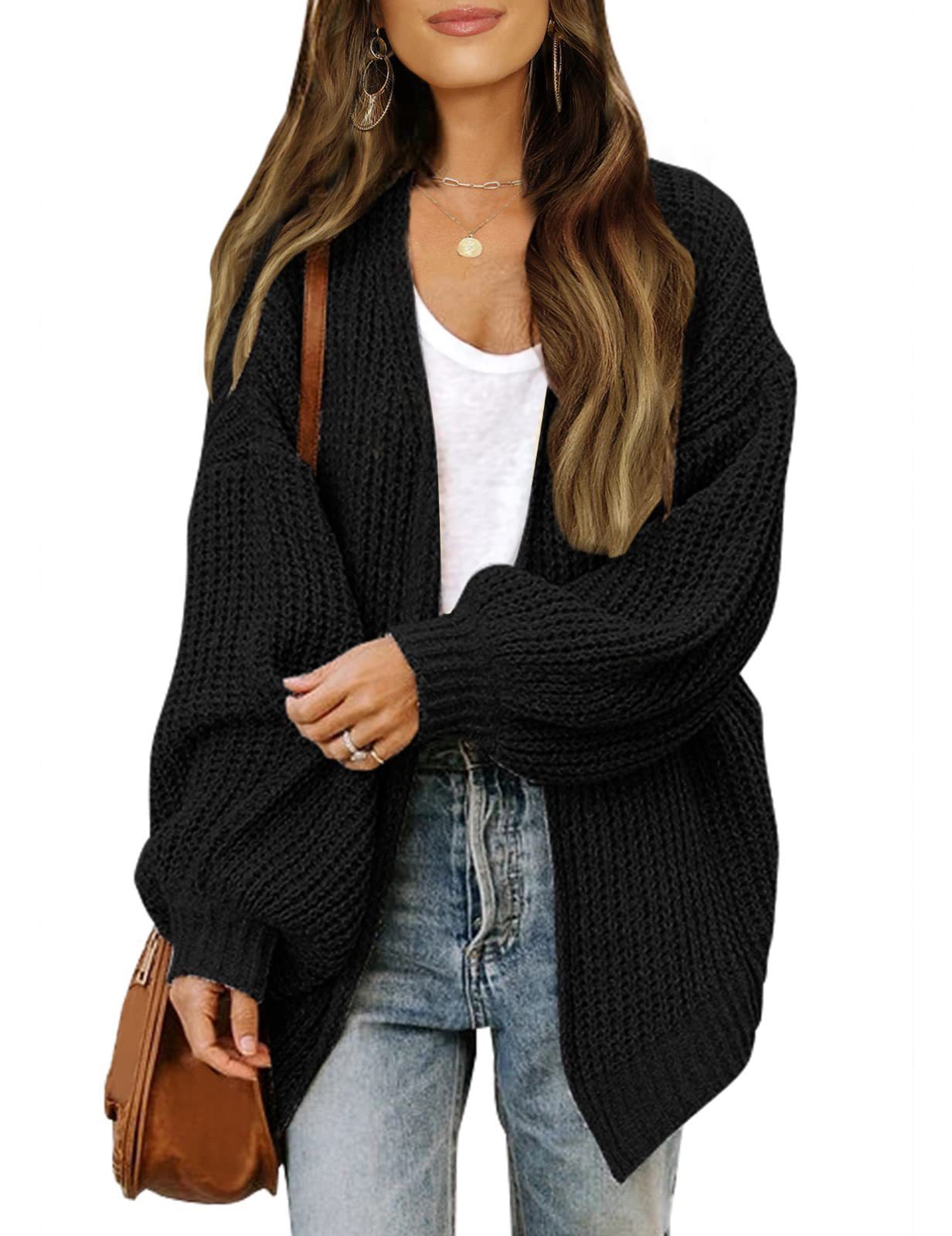 Fashion Lantern-sleeved Sweater With Pockets Casual Loose Solid Knit Cardigan Autumn Tops Womens Clothing
