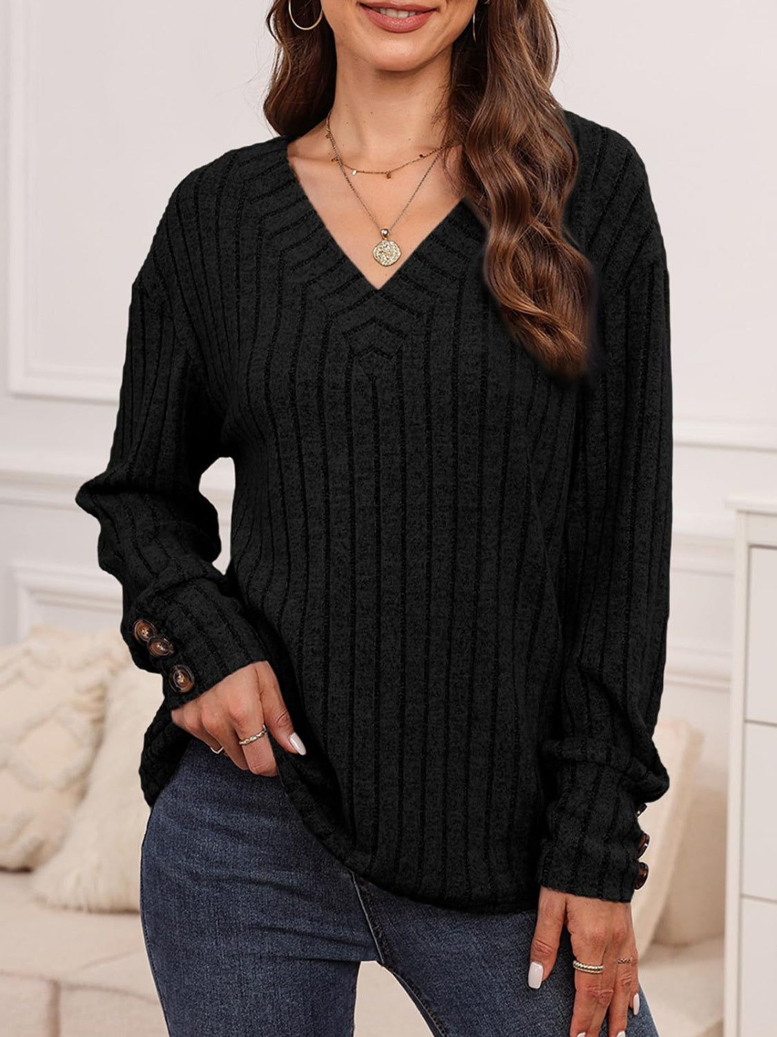 Ribbed V-Neck Long Sleeve T-Shirt
