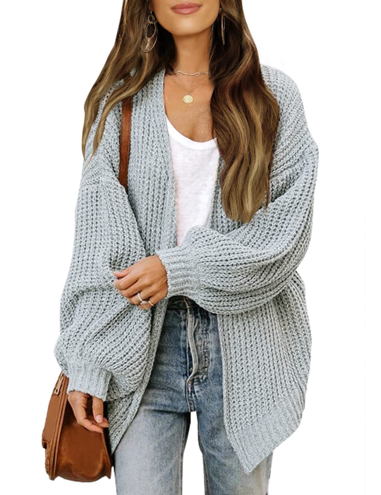 Fashion Lantern-sleeved Sweater With Pockets Casual Loose Solid Knit Cardigan Autumn Tops Womens Clothing
