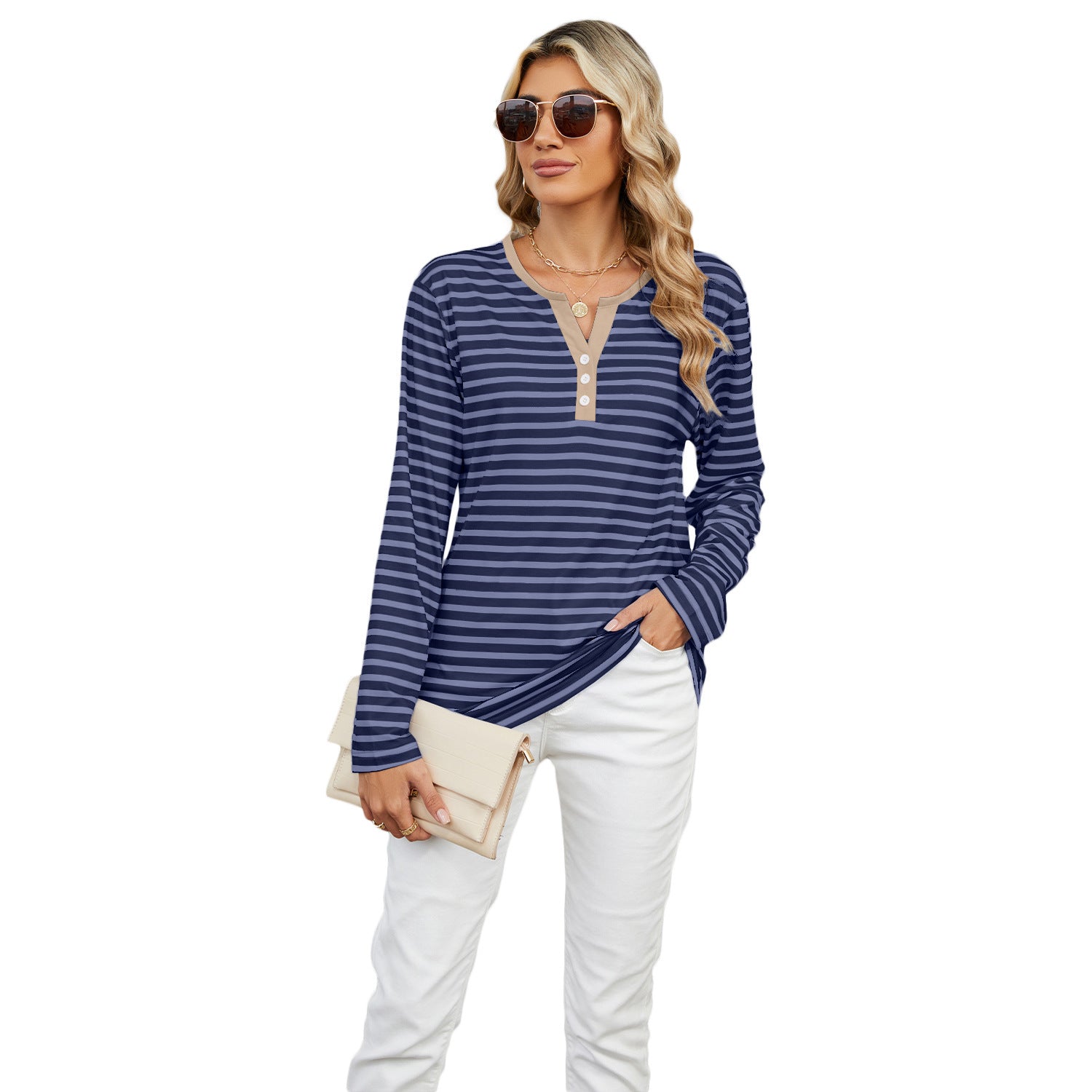 Women's V-neck Striped Loose Long-sleeved T-shirt Top
