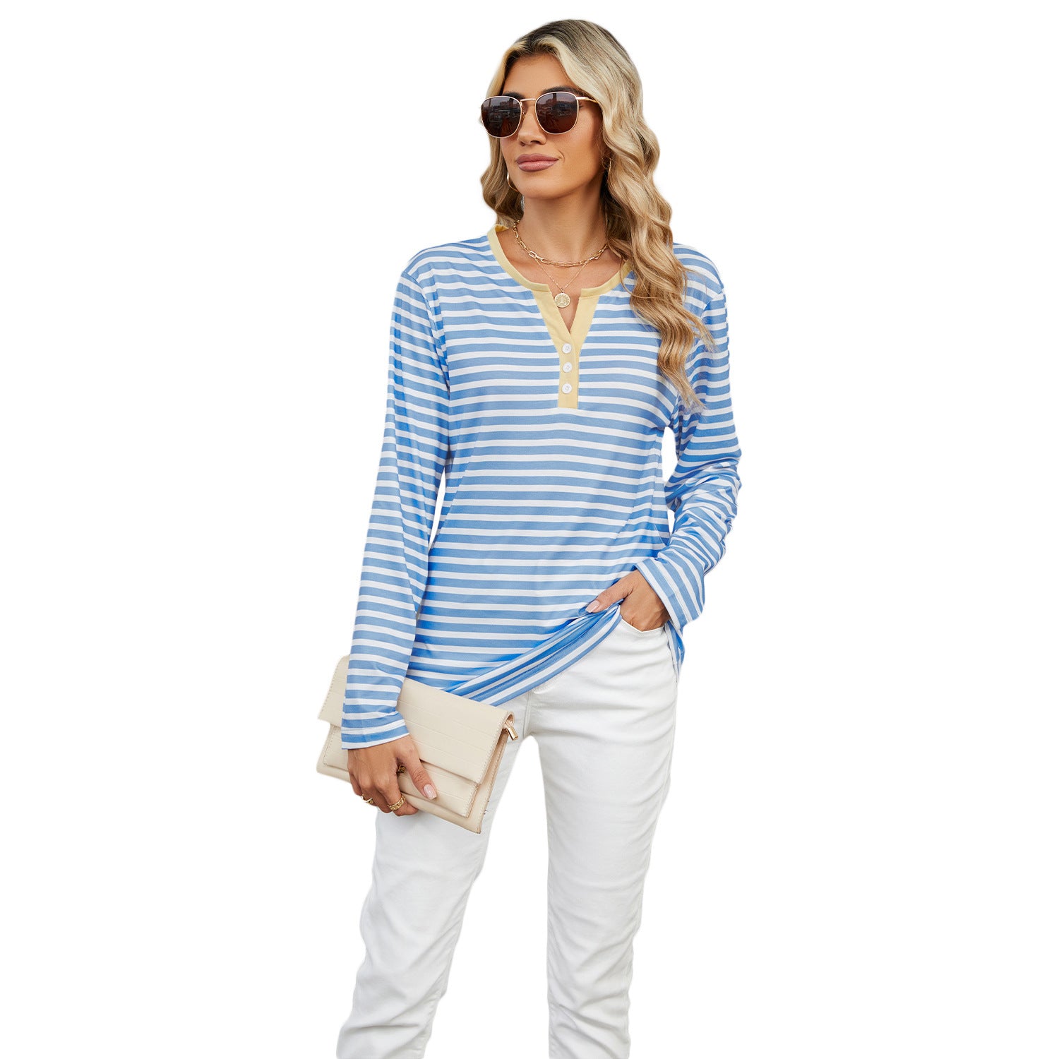 Women's V-neck Striped Loose Long-sleeved T-shirt Top
