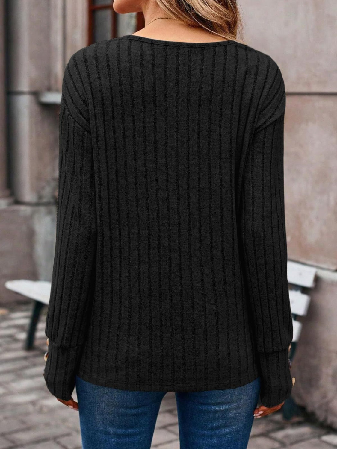 Ribbed V-Neck Long Sleeve T-Shirt
