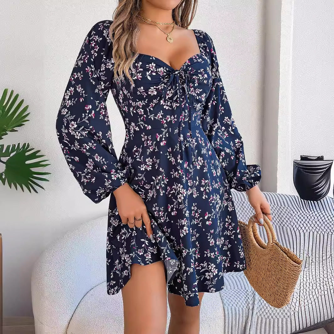 Fashion Floral Print Lantern Sleeve Dress Casual Sexy Tie Square Neck Long Sleeve A-Line Dress Women's Clothing
